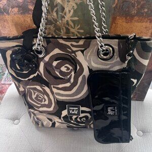 Sarah Violet Rose Pattern Shoulder Bag Grey Tone with matching wallet